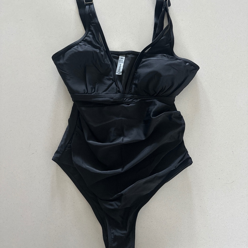Black V-Neck Ruched One Piece